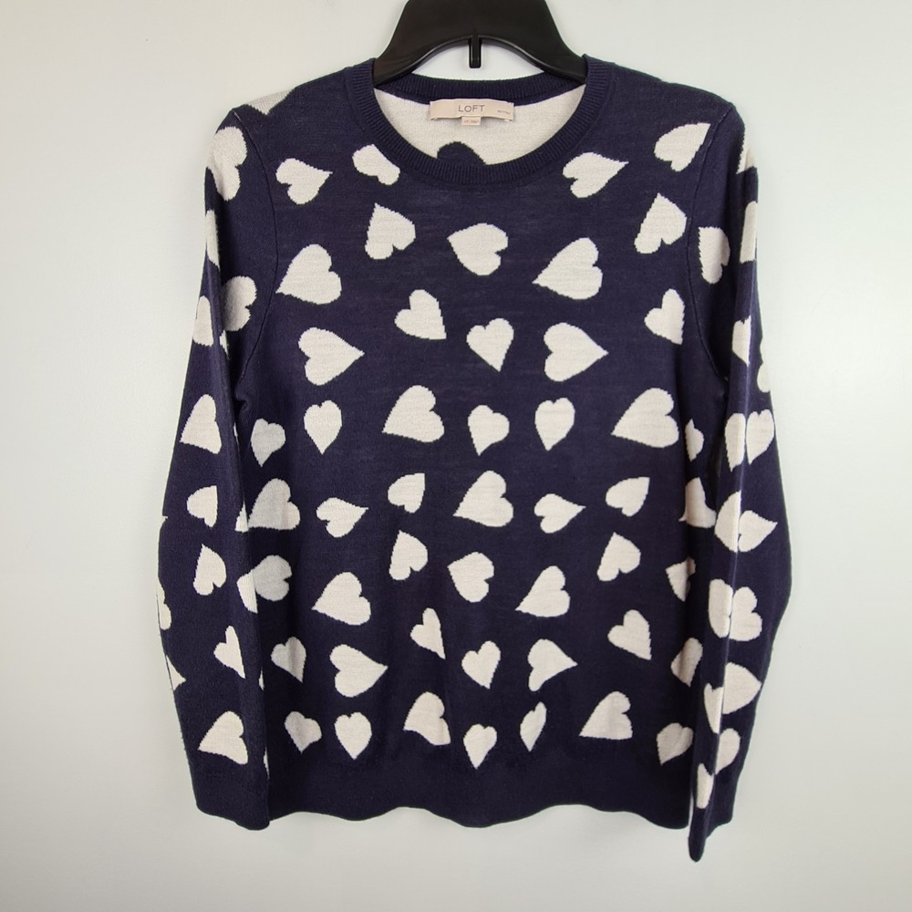 Ann Taylor LOFT Wool Blend Heart Navy Blue Sweater Large Petite Classic Preppy